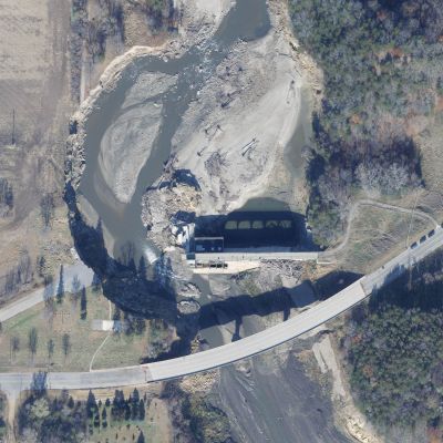 2024 aerial photo of Rapidan Dam from 95West after the flood of 2024