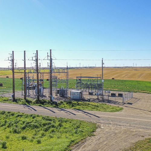 Aerial photo of wind turbines and distribution station for Minot SW Transmission Line in North Dakota