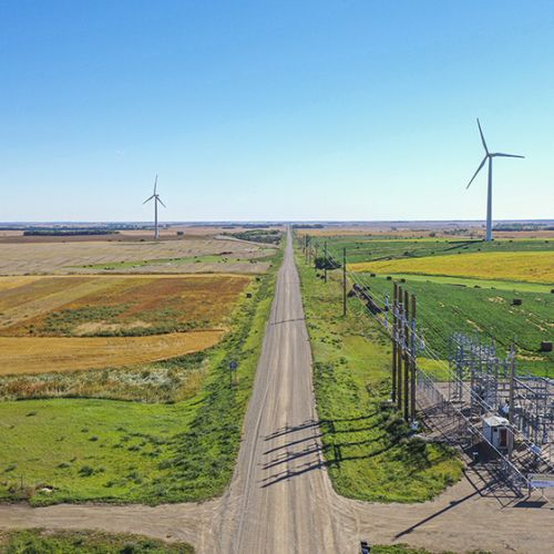Aerial photo of wind turbines and distribution station for Minot SW Transmission Line in North Dakota