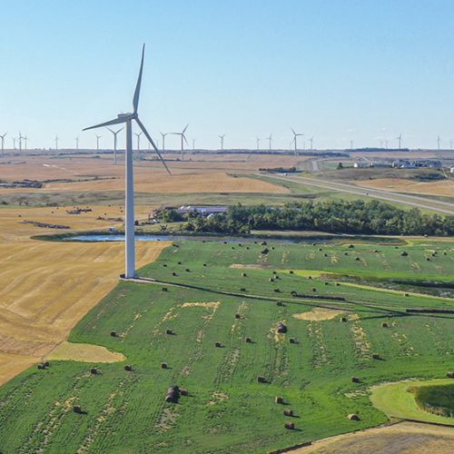 Aerial photo of wind turbines for Minot SW Transmission Line in North Dakota