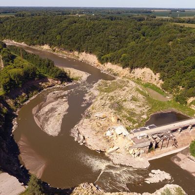 Aerial image from 2026 of Rapidan Dam After Flooding in 2024.