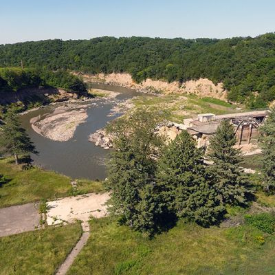 Aerial image from 2026 of Rapidan Dam After Flooding in 2024.