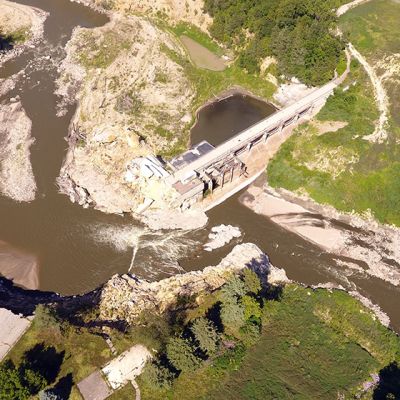 Aerial image from 2026 of Rapidan Dam After Flooding in 2024.